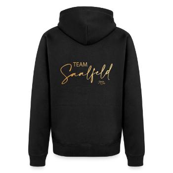 Sturm der Liebe Team Saalfeld Gold Handschrift - Unisex Premium Bio Zip Hoodie - Schwarz - Hinten - Nico (187cm)