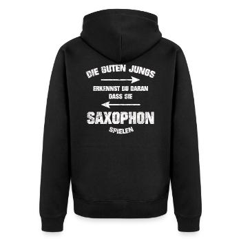 SAXOPHON DIE GUTEN JUNGS GRUNGE LOOK SHIRT - Unisex Premium Bio Zip Hoodie - Schwarz - Hinten - Nico (187cm)