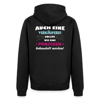 Verkäuferin - Prinzessin - Unisex Premium Bio Zip Hoodie - Schwarz - Hinten - Nico (187cm)