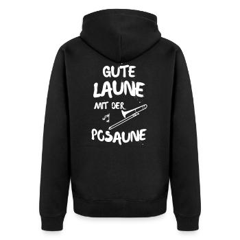 GUTE LAUNE MIT DER POSAUNE - Unisex Premium Bio Zip Hoodie - Schwarz - Hinten - Nico (187cm)