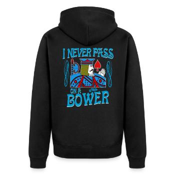 Euchre Ich gebe niemals eine Laubkarte weiter, die T spielt - Unisex Premium Bio Zip Hoodie - Schwarz - Hinten - Nico (187cm)