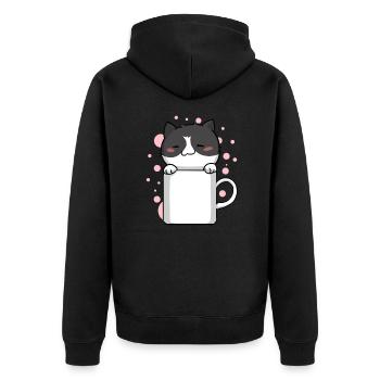 Katze Miezekatze Kaffe Kawaii Niedlich - Unisex Premium Bio Zip Hoodie - Schwarz - Hinten - Nico (187cm)
