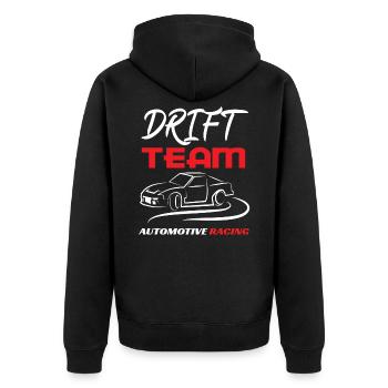 Einfach und extravagant "Drift Team Automotive - Unisex Premium Bio Zip Hoodie - Schwarz - Hinten - Nico (187cm)
