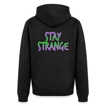 "Stay Strange" mit diesem farbenfrohen und extravaganten - Unisex Premium Bio Zip Hoodie - Schwarz - Hinten - Nico (187cm)