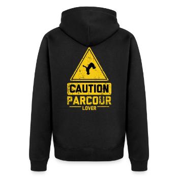 CAUTION PARCOUR LOVER - Unisex Premium Bio Zip Hoodie - Schwarz - Hinten - Nico (187cm)