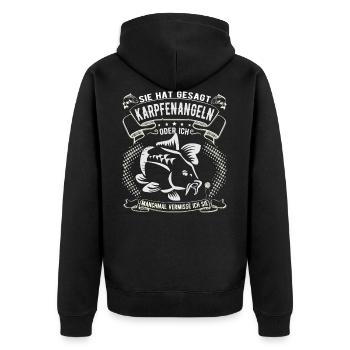 Karpfen angeln oder ich - Unisex Premium Bio Zip Hoodie - Schwarz - Hinten - Nico (187cm)