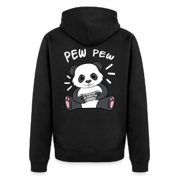 Pew Pew Panda - Unisex Premium Bio Zip Hoodie - Schwarz - Hinten - Nico (187cm)