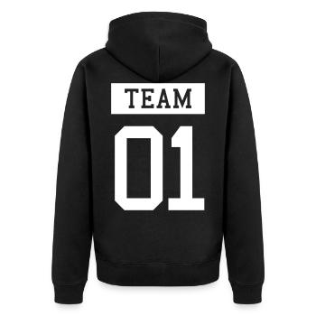 DREAM TEAM Partnerlook P58 B - Unisex Premium Bio Zip Hoodie - Schwarz - Hinten - Nico (187cm)