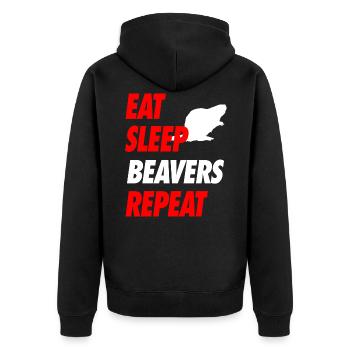 EAT SLEEP BEAVERS REPEAT T Shirt - Unisex Premium Bio Zip Hoodie - Schwarz - Hinten - Nico (187cm)