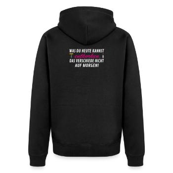 was du heute kannst Entkorken. Wein. - Unisex Premium Bio Zip Hoodie - Schwarz - Hinten - Nico (187cm)