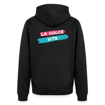 DAS GUTE LEBEN - Unisex Premium Bio Zip Hoodie - Schwarz - Hinten - Nico (187cm)