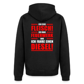 Ich esse Fleisch mag Feuerwerk fahre einen Diesel - Unisex Premium Bio Zip Hoodie - Schwarz - Hinten - Nico (187cm)