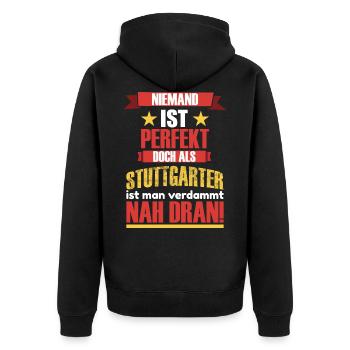 Stuttgarter Spruch Stuttgart Logo - Unisex Premium Bio Zip Hoodie - Schwarz - Hinten - Nico (187cm)