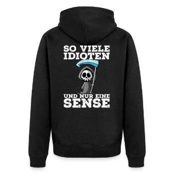 Zu viele Idioten - Unisex Premium Bio Zip Hoodie - Schwarz - Hinten - Nico (187cm)