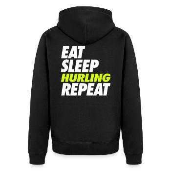 Eat Sleep Hurling Repeat - Unisex Premium Bio Zip Hoodie - Schwarz - Hinten - Nico (187cm)