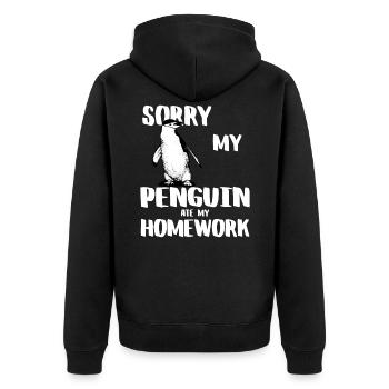 SORRY MY PENGUIN ATE MY HOMEWORK - Unisex Premium Bio Zip Hoodie - Schwarz - Hinten - Nico (187cm)