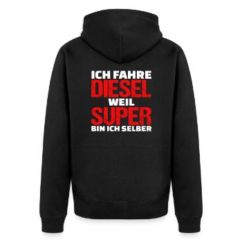 Ich fahre Diesel weil ich Super bin - Unisex Premium Bio Zip Hoodie - Schwarz - Hinten - Nico (187cm)