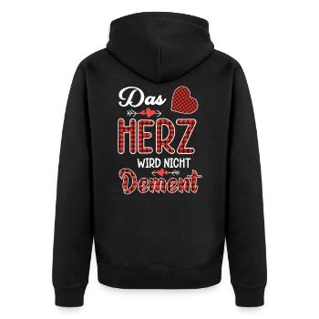 Das Herz wird nicht dement | Pflege mit Herz - Unisex Premium Bio Zip Hoodie - Schwarz - Hinten - Nico (187cm)