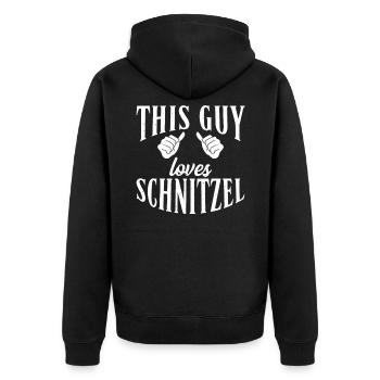 This Guy loves Schnitzel - Unisex Premium Bio Zip Hoodie - Schwarz - Hinten - Nico (187cm)