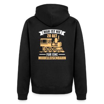 Man ist nie zu alt für eine Modelleisenbahn - Unisex Premium Bio Zip Hoodie - Schwarz - Hinten - Nico (187cm)
