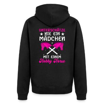 Unterschätze Nie Ein Mädchen Mit Einem Hobby Horse - Unisex Premium Bio Zip Hoodie - Schwarz - Hinten - Nico (187cm)