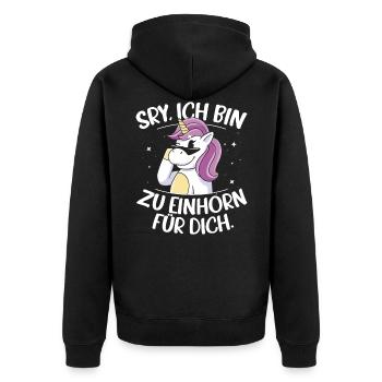 Sorry Ich Bin Zu Einhorn Für Dich Regenbogen Glitz - Unisex Premium Bio Zip Hoodie - Schwarz - Hinten - Nico (187cm)