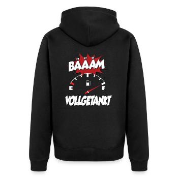 Bääm vollgetankt - ich habe vollgetankt Geschenk - Unisex Premium Bio Zip Hoodie - Schwarz - Hinten - Nico (187cm)