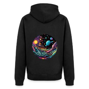 Surrealistisches Weltraum Kunstwerk mit Planeten - Unisex Premium Bio Zip Hoodie - Schwarz - Hinten - Nico (187cm)