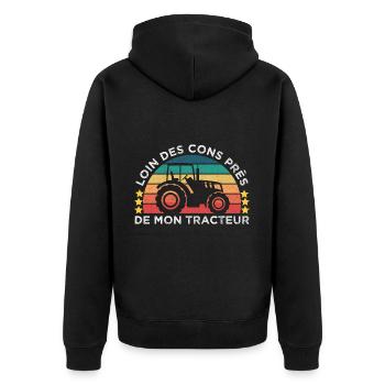 Loin des cons près de mon tracteur humour vintage - Veste à capuche bio Premium Unisexe - noir - Dos - Nico (187cm)