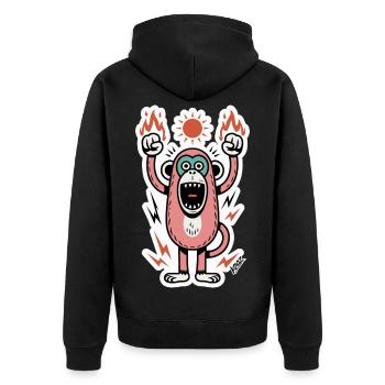 Affe mit Flammen und erhobenen Fäusten - Unisex Premium Bio Zip Hoodie - Schwarz - Hinten - Nico (187cm)