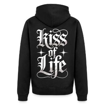 Kiss of Life T-Shirt – Gothic Lettering Statement - Unisex Premium Organic Zip Hoodie - black - Back - Nico (187cm)