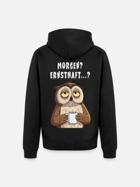 Morgenmuffel Eule Kaffee Geschenk Schlafshirt - Unisex Premium Bio Zip Hoodie - Schwarz
