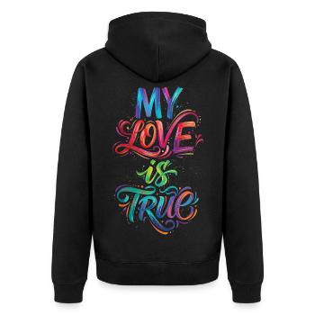 Meine Liebe ist wahr, farbenfroher Text, Malerei, Druck, - Unisex Premium Bio Zip Hoodie - Schwarz - Hinten - Nico (187cm)