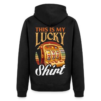 Mein Glücksshirt Casino Spielautomat Glücksspiel - Unisex Premium Bio Zip Hoodie - Schwarz - Hinten - Nico (187cm)