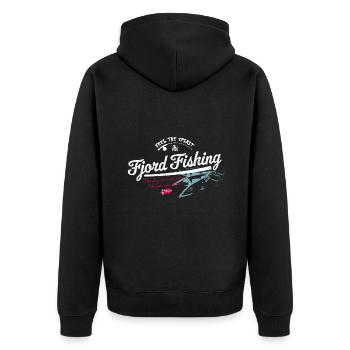 Fjord Fishing - Norway - Norge - Norwegen - Unisex Premium Bio Zip Hoodie - Schwarz - Hinten - Nico (187cm)