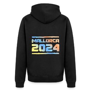 Mallorca 2024 Bunt - Unisex Premium Bio Zip Hoodie - Schwarz - Hinten - Nico (187cm)