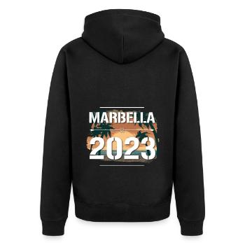 Marbella 2023 - Unisex Premium Organic Zip Hoodie - black - Back - Nico (187cm)
