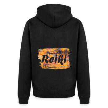 reiki schriftzug e 280 - Unisex Premium Bio Zip Hoodie - Schwarz - Hinten - Nico (187cm)