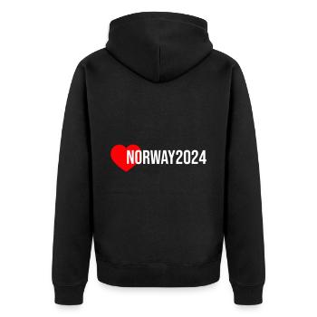 Norwegen 2024 Herz Urlaub - Unisex Premium Bio Zip Hoodie - Schwarz - Hinten - Nico (187cm)