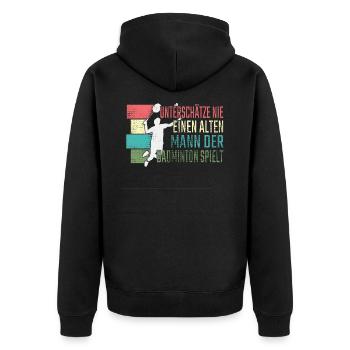 Badminton Alter Mann Badminton spielt - Unisex Premium Bio Zip Hoodie - Schwarz - Hinten - Nico (187cm)