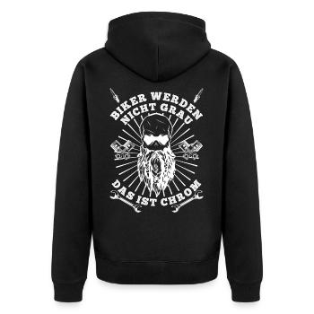 BIKER WERDEN NICHT GRAU DAS IST CHROM - Unisex Premium Bio Zip Hoodie - Schwarz - Hinten - Nico (187cm)