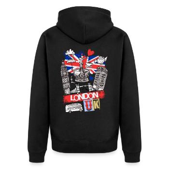 London England UK Stadt Skyline Cartoon Gezeichnet - Unisex Premium Bio Zip Hoodie - Schwarz - Hinten - Nico (187cm)