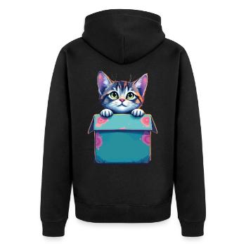 Chat assis dans un emballage en carton Humour drôle typique - Veste à capuche bio Premium Unisexe - noir - Dos - Nico (187cm)