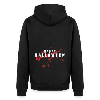 HAPPY HALLOWEEN MOTIV MIT HORROR KÜRBIS - Unisex Premium Bio Zip Hoodie - Schwarz - Hinten - Nico (187cm)
