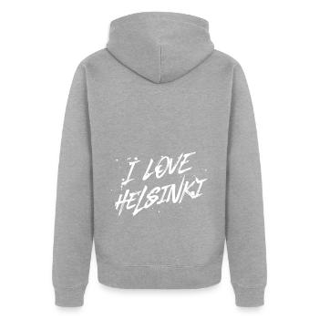 I Love Helsinki - Unisex Premium Bio Zip Hoodie - Grau meliert - Hinten - Nico (187cm)