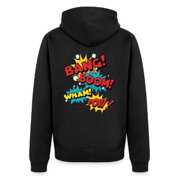 Bang Boom Pow Wham - Comic Sprechblasen - Unisex Premium Bio Zip Hoodie - Schwarz - Hinten - Nico (187cm)