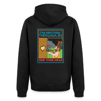 Prehistoric Thingamajig - Use Your Head - Bird - Unisex Premium Bio Zip Hoodie - Schwarz - Hinten - Nico (187cm)