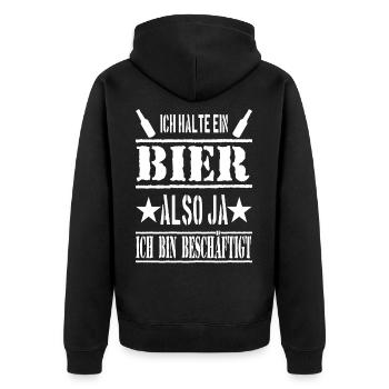 ICH HALTE EIN BIER ALSO JA ICH BIN BESCHÄFTIGT - Unisex Premium Bio Zip Hoodie - Schwarz - Hinten - Nico (187cm)