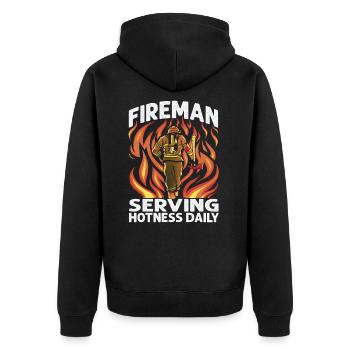 Fireman Serving Hotness Daily - Funny Firefighters - Unisex Premium Bio Zip Hoodie - Schwarz - Hinten - Nico (187cm)