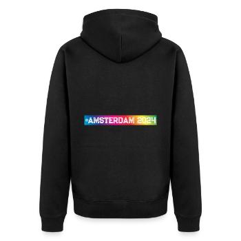 Amsterdam 2024 Bunt - Unisex Premium Bio Zip Hoodie - Schwarz - Hinten - Nico (187cm)
